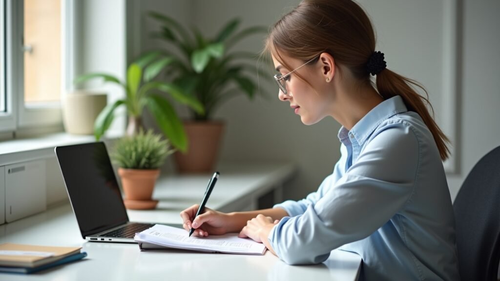 Person filling out worksheet