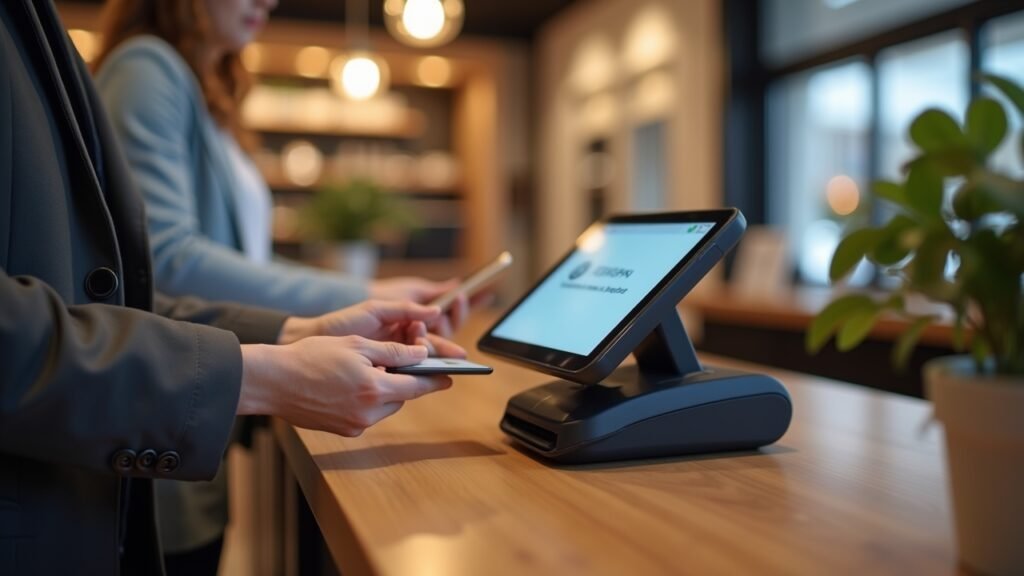 Person paying at terminal